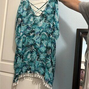 No Boundaries Blue and GreenSwim Coverup with Tassel Trim